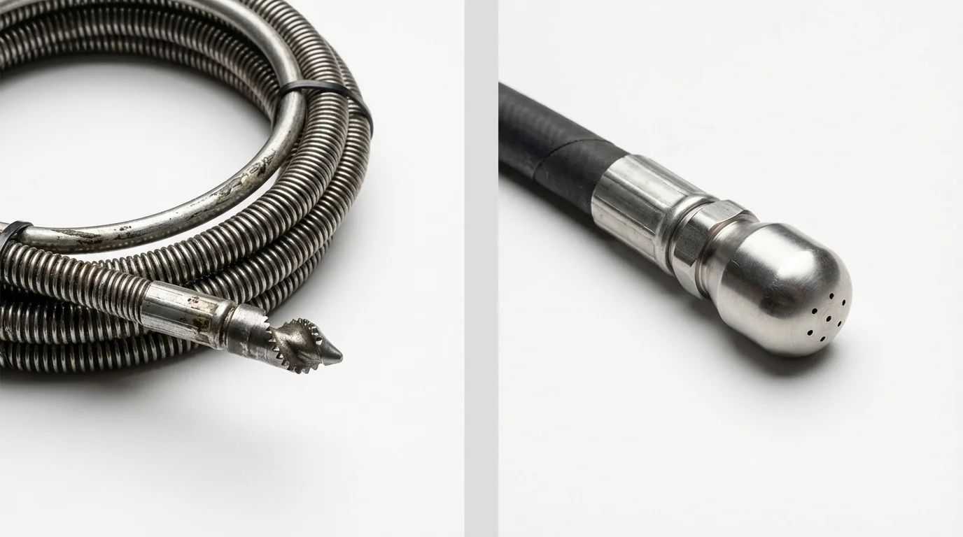 Drain snake cable and hydro jetting nozzle used for drain cleaning in Highland Park, MI