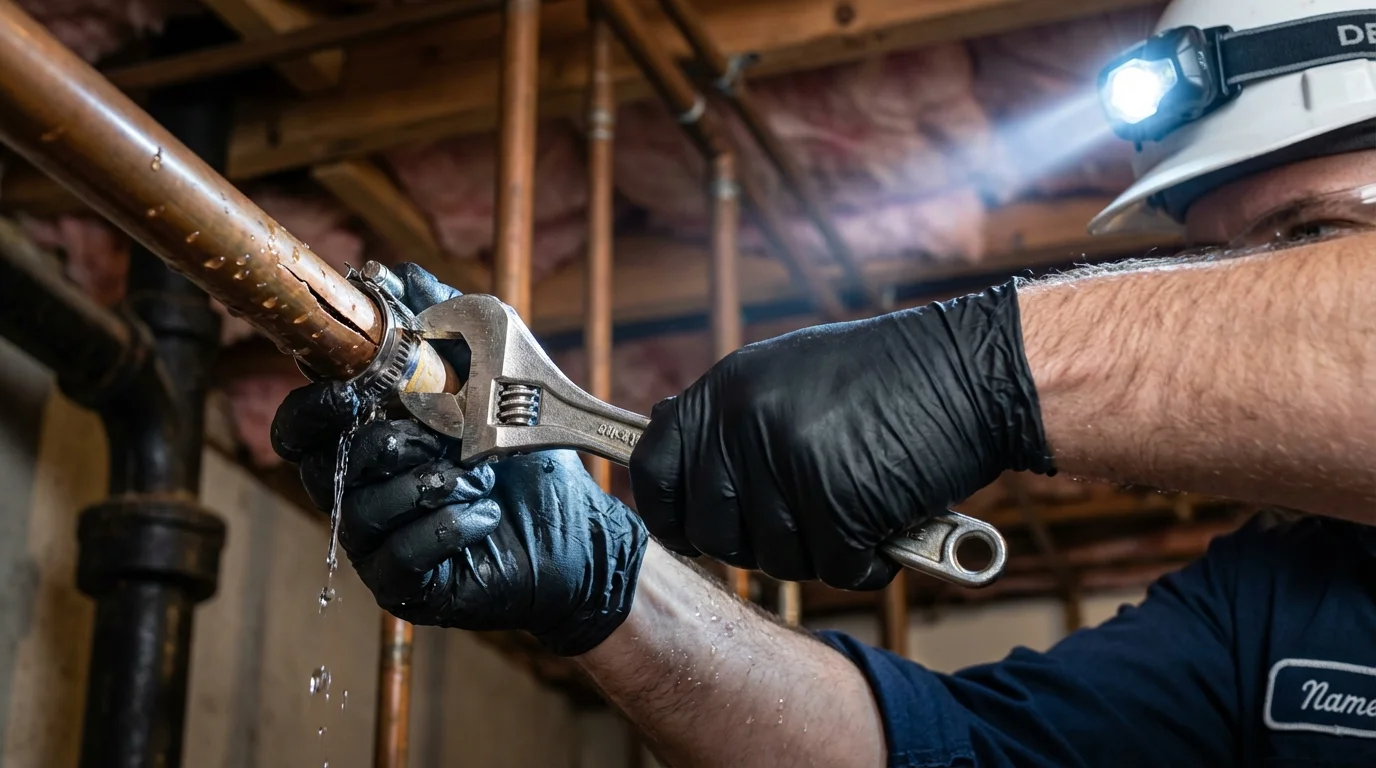 Emergency pipe clamp repair being performed by a Johns Plumbing LLC plumber in Highland Park