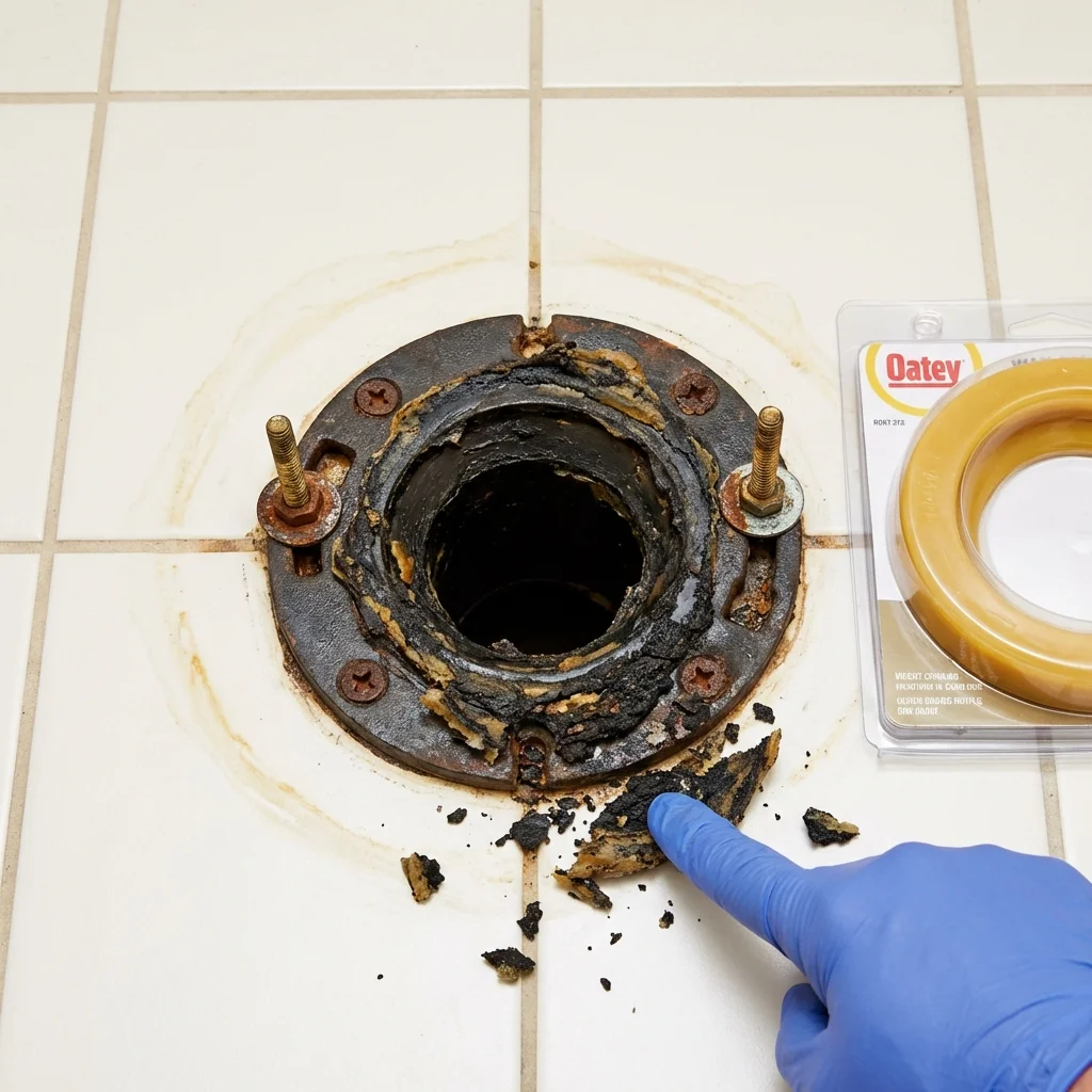 Failed wax ring showing water seepage at the base of a toilet in a Highland Park, MI home