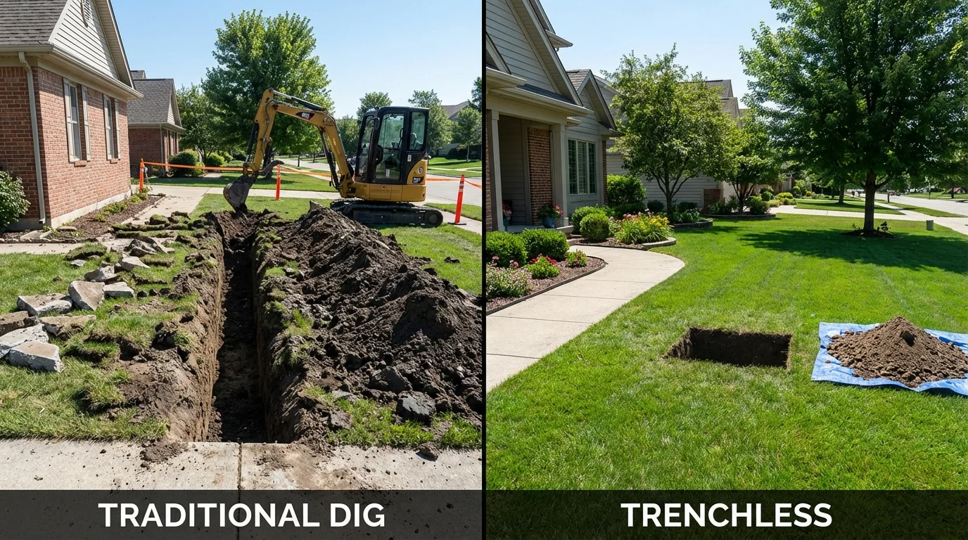 Trenchless sewer repair with minimal yard damage versus traditional excavation in Highland Park, MI