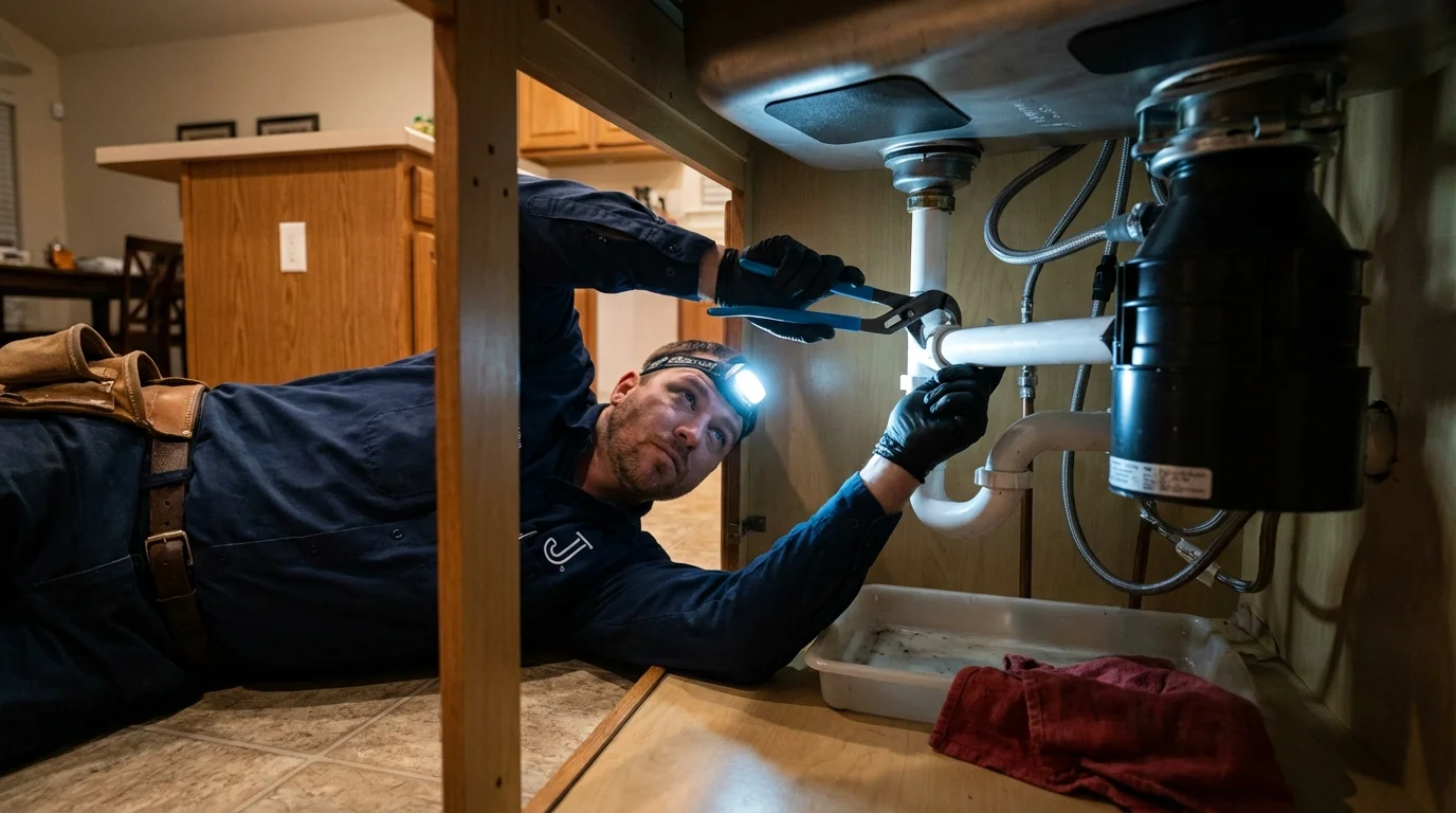 P-trap and supply line connections under a kitchen sink showing a common leak point in Highland Park, MI